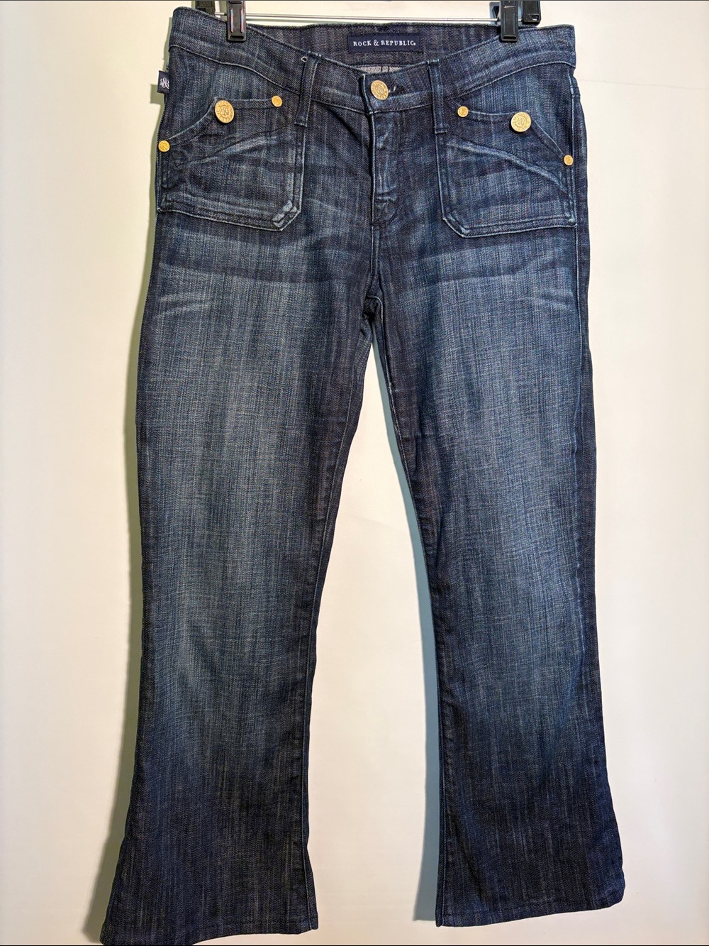 Rock & Republic Dark Blue Flare Jeans with Gold Hardware